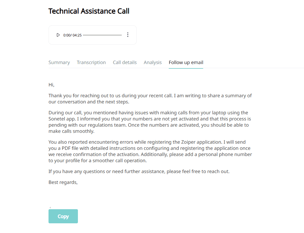 The Sonetel app showing a written call summary and a drafted follow-up email
