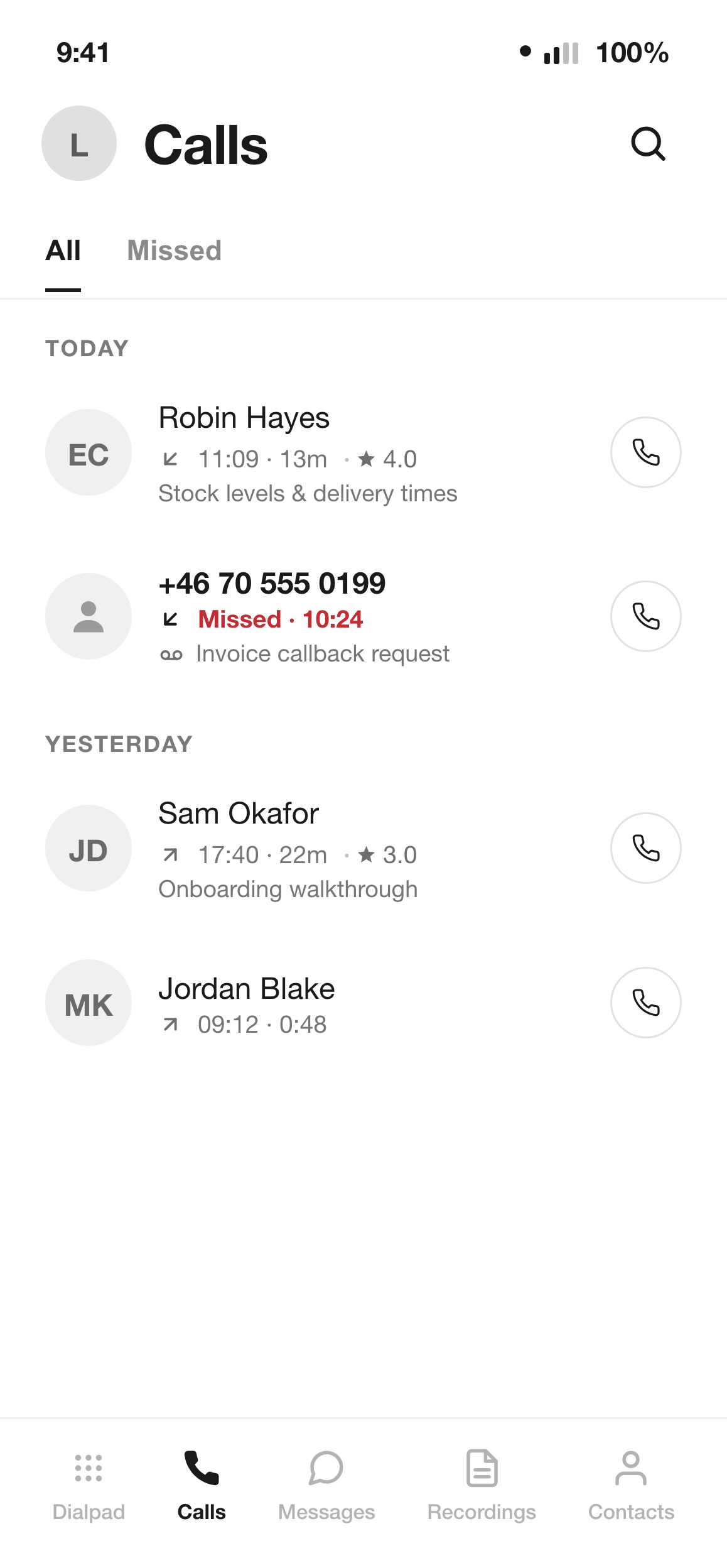 The Sonetel app showing business calls that have come in, each with a short summary